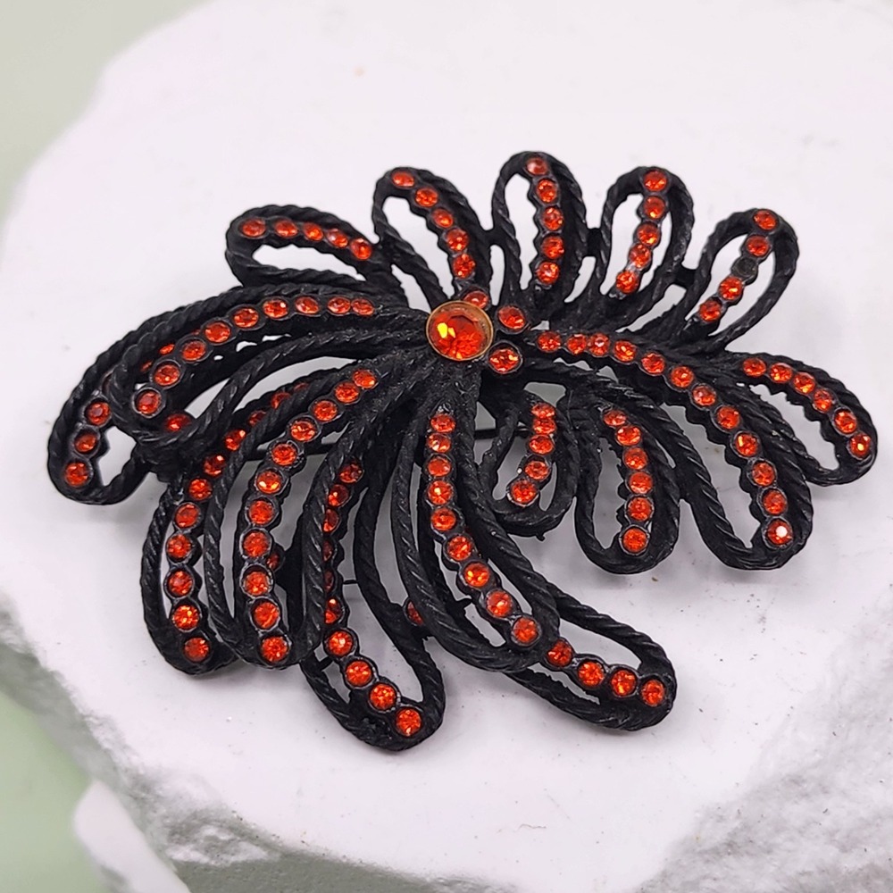 Black Red Rhinestone Floral Brooch Pin Gothic Statement Vintage Sparkle Gift